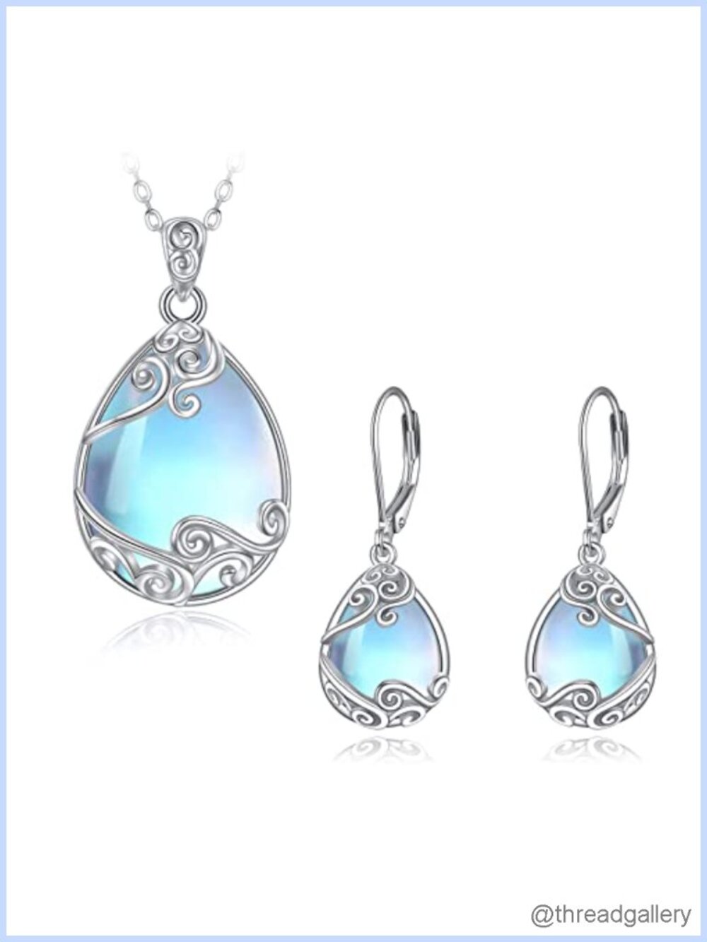 925 Sterling Silver Moonstone Filigree Teardrop Necklace Earrings Set Women